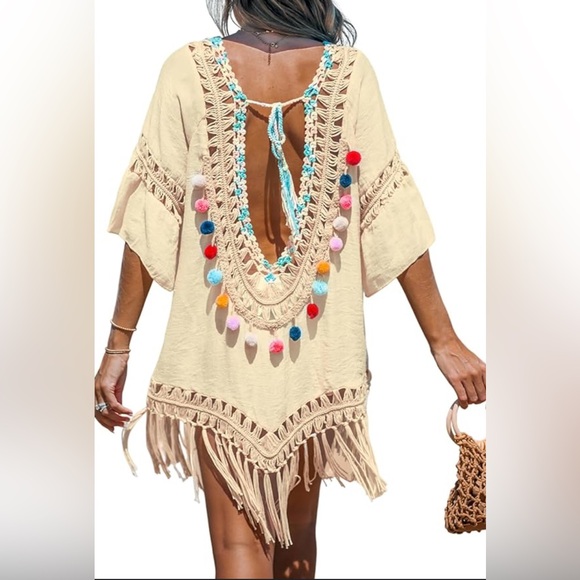 💙🩷 Cupshe Crochet V-Neck Cover-Up Dress Fringed Pom Pom - Picture 1 of 3